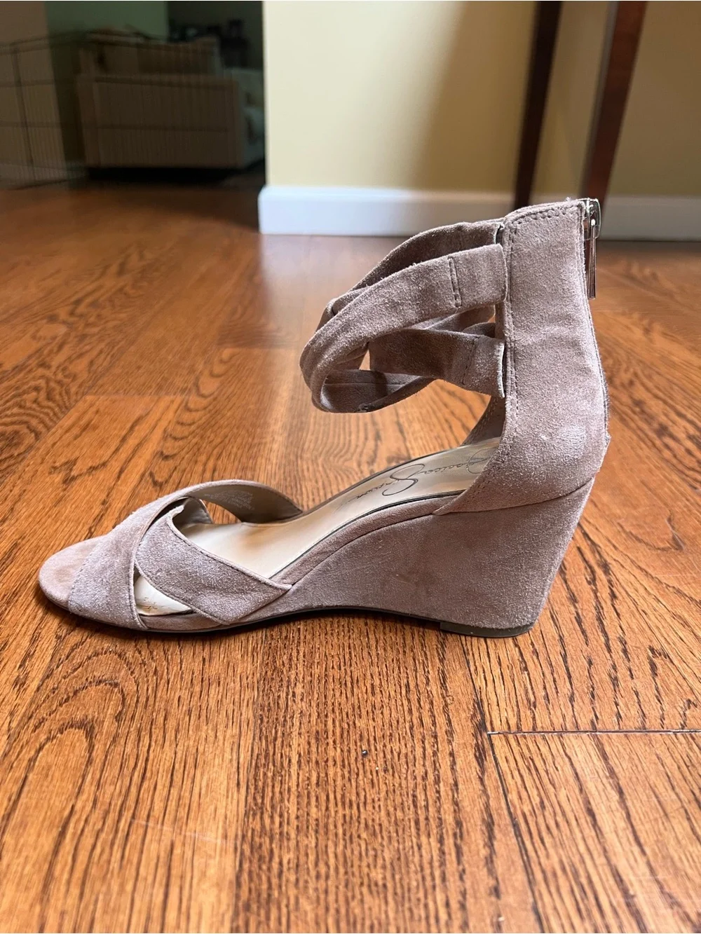 Jessica Simpson Taupe Suede Crisscross Ankle Tie Wedge Sandals